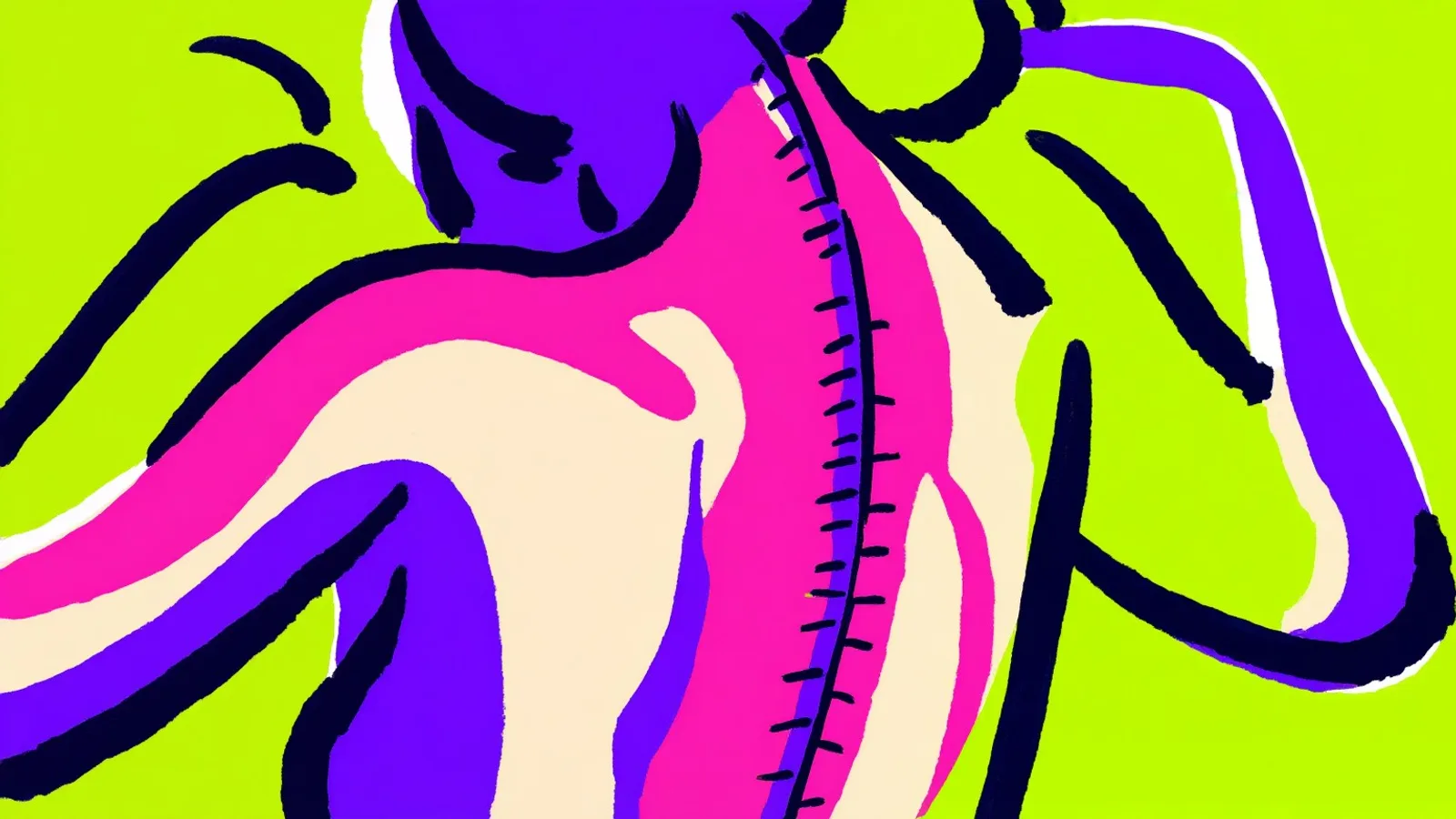 A close view of a woman's bare back with a fine line of stitching running down her spine like a seam.