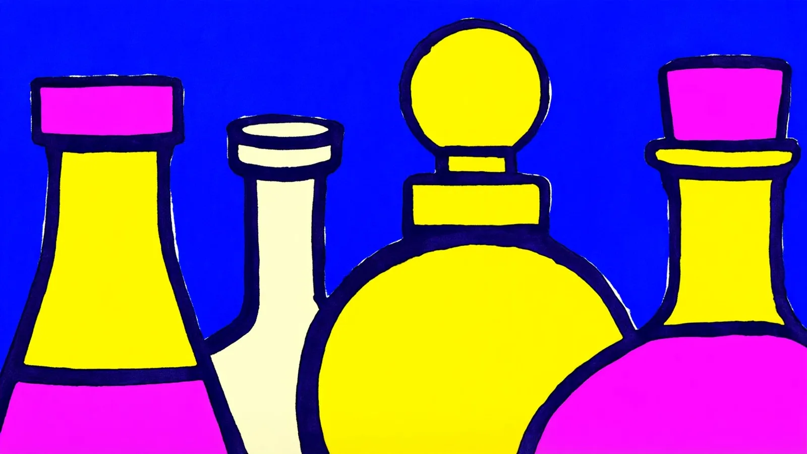 Four perfume bottles with different shapes standing in a row, the middle one turned to face the viewer.