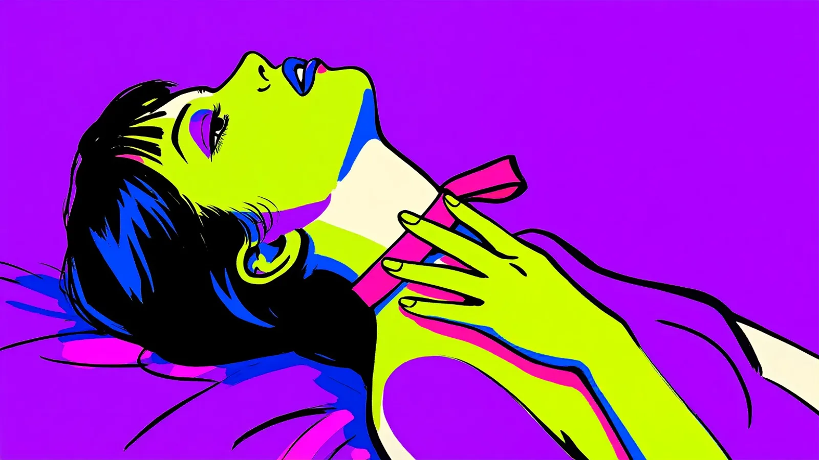 A woman lying with her head tipped back, mid-word, one hand resting on her throat.