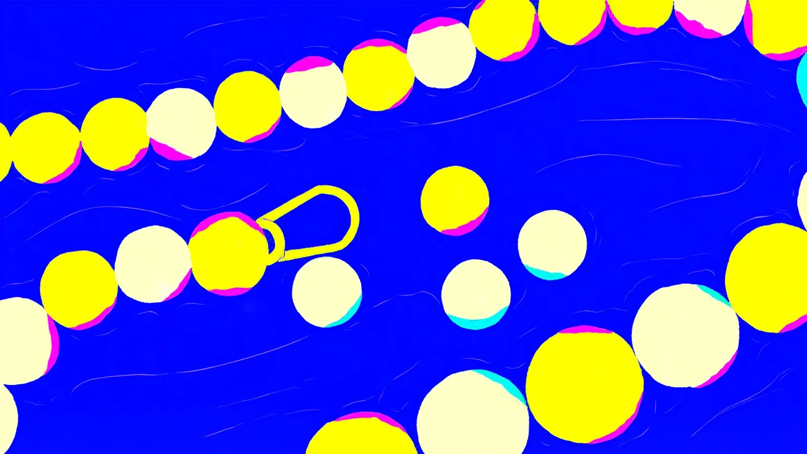 Two long strands of pearls span the frame, one unbroken and one snapped near the middle with pearls spilling loose.