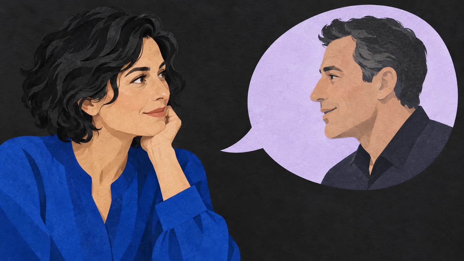 An illustrated adult woman listens toward a man's portrait inside a lilac conversation shape.