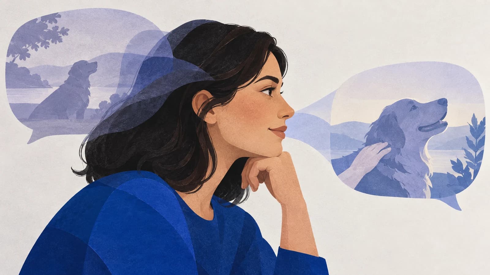 An illustrated woman recalls a dog appearing in earlier and later conversation shapes.