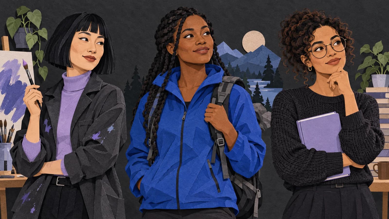 Cut-paper illustration of three adult characters with distinct creative, outdoorsy and bookish styles.