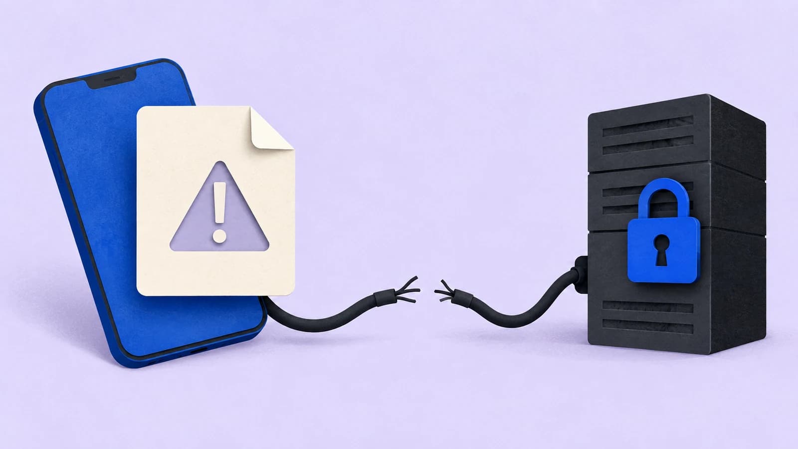 A phone and warning-marked file face a locked server across a broken cable.