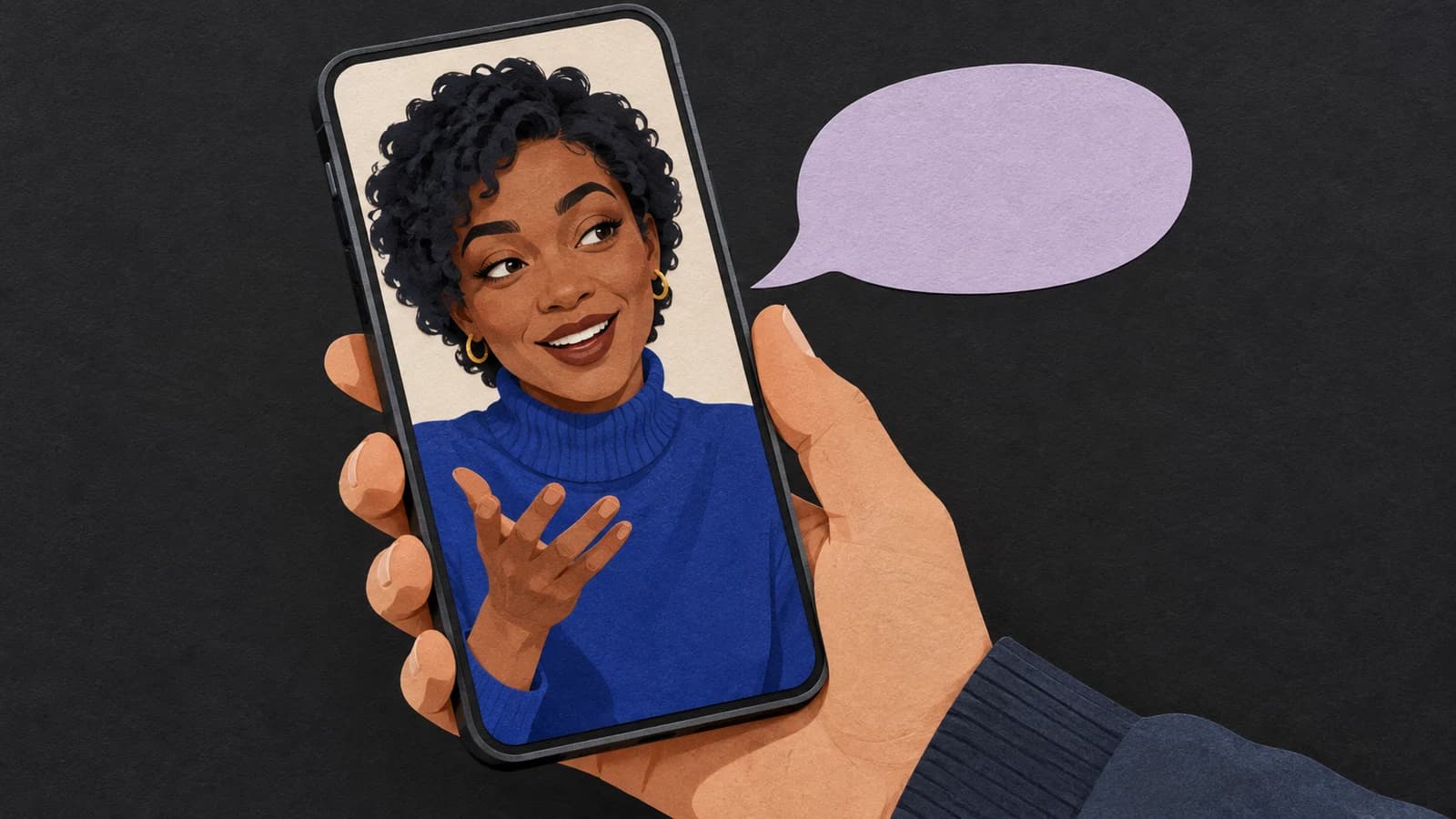 Editorial cut-paper portrait of a fictional adult woman on a handheld phone with a simple speech shape.