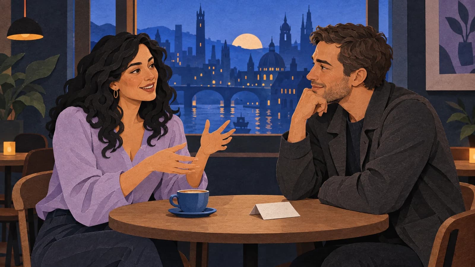 Cut-paper illustration of two fully clothed adults exchanging a story at a quiet café table.