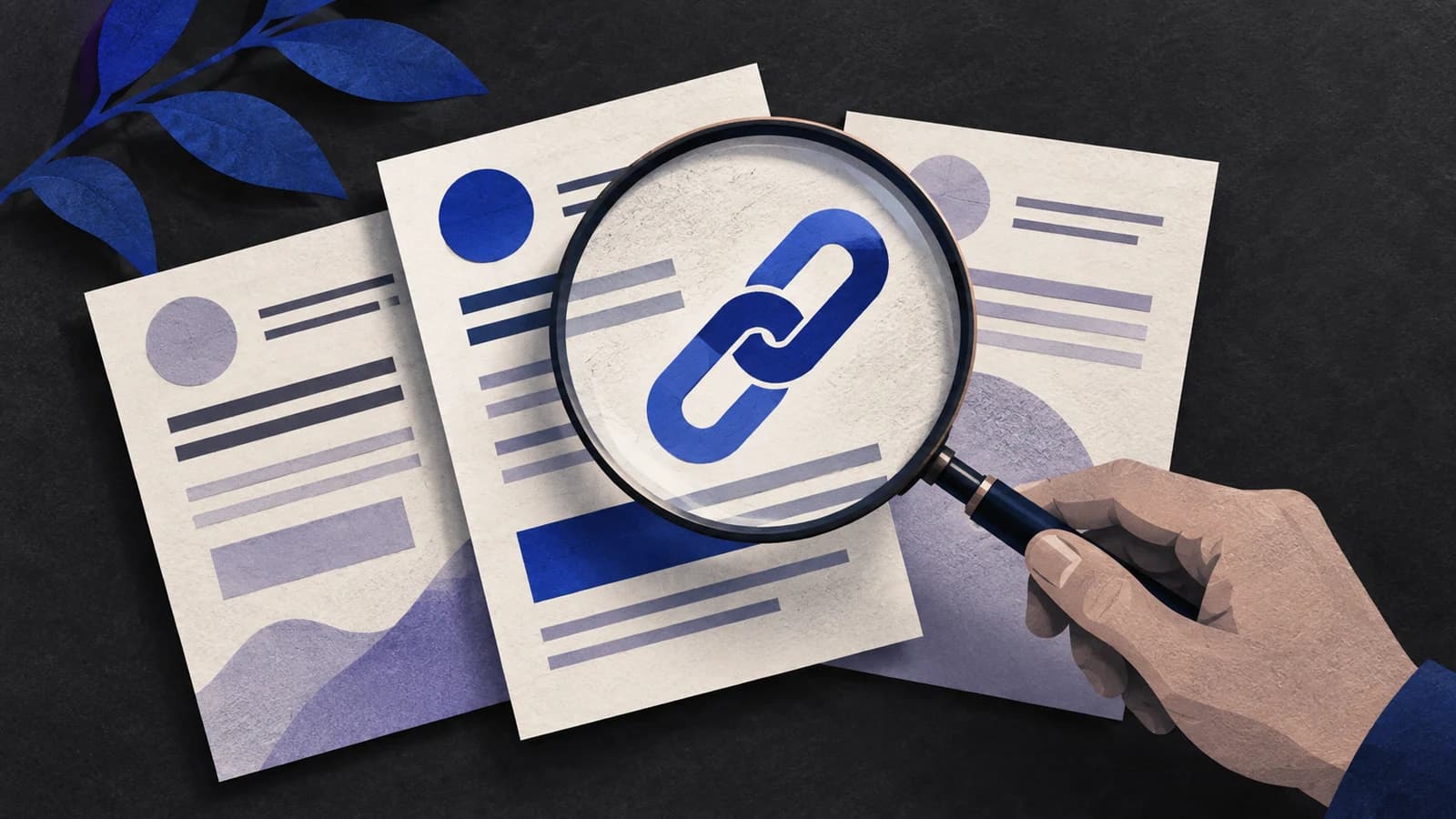 A magnifying glass enlarges a referral-link symbol on overlapping agreement sheets.