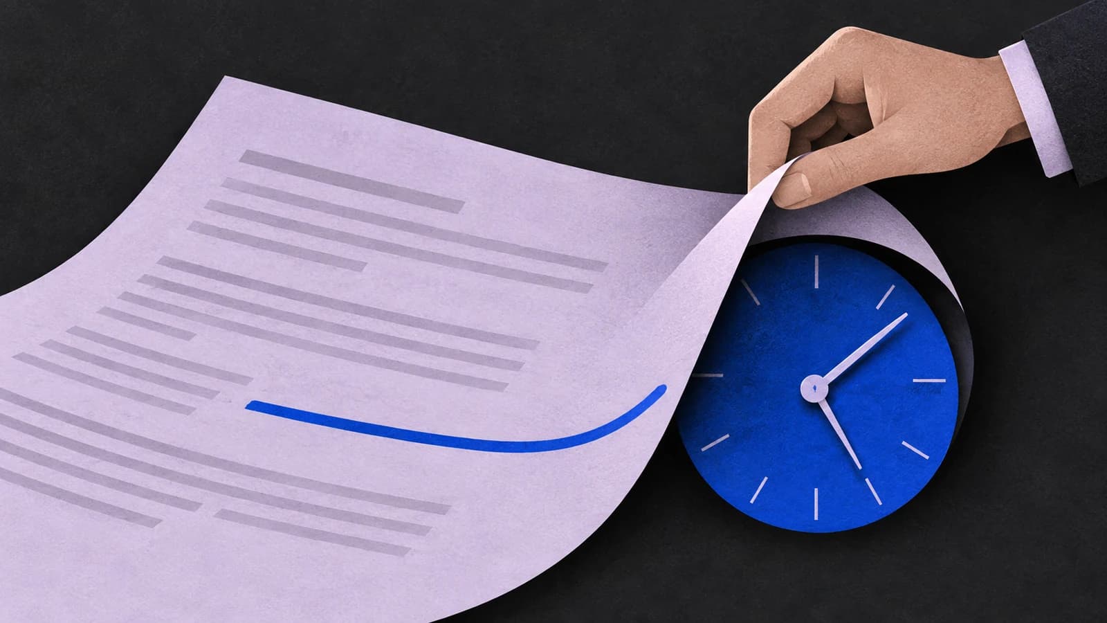 A hand lifts a contract page to reveal a clock, illustrating the importance of commission duration.
