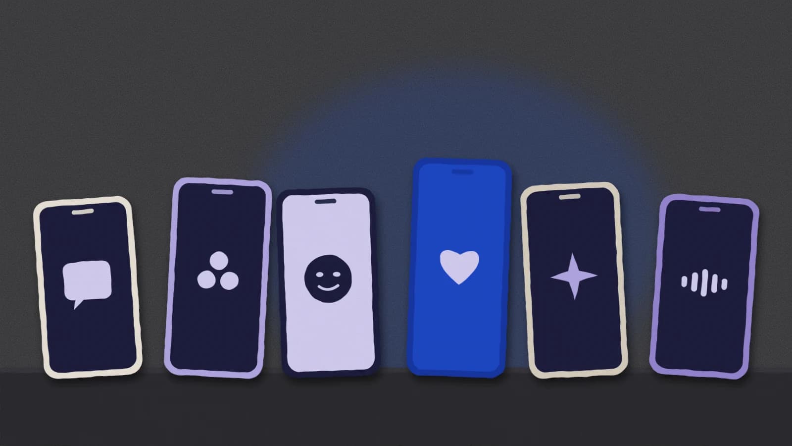 Six phones standing in a row on a dark ground, each screen showing a different symbol, one lit in cobalt.