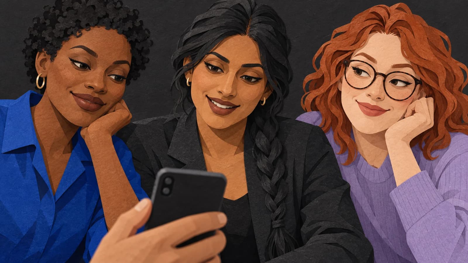Cut-paper illustration of three distinctive adult companion characters with a phone in the foreground.