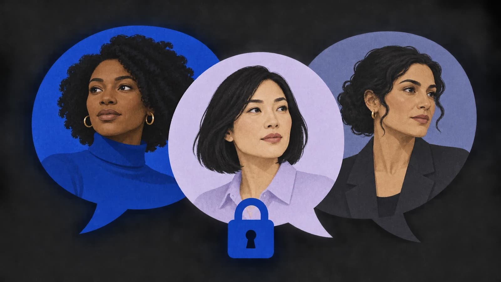 Three illustrated adult portraits sit inside conversation shapes above a blue padlock.