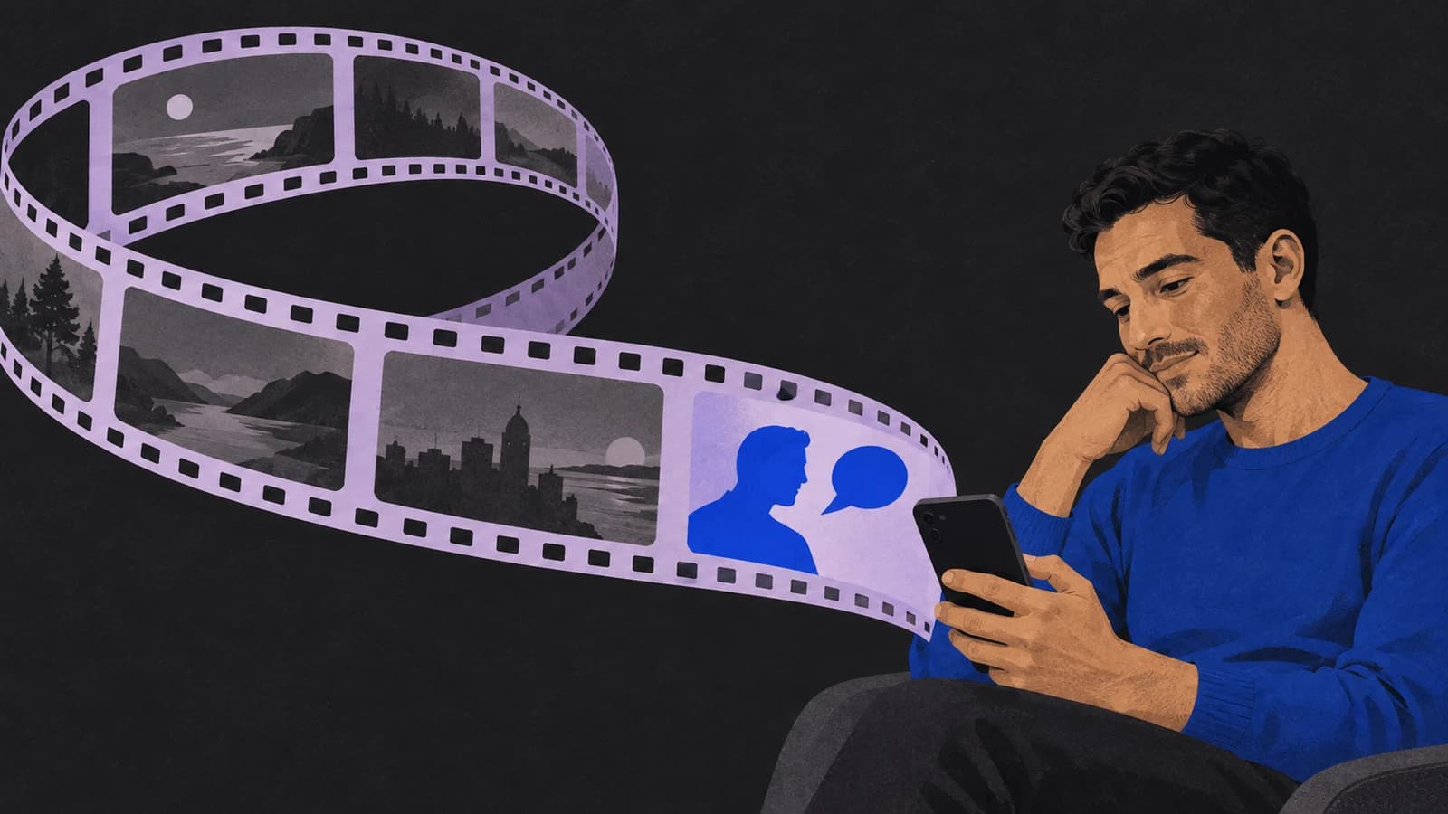 Editorial illustration of an adult considering a phone while an endless filmstrip loops away, exploring passive feeds versus attention.