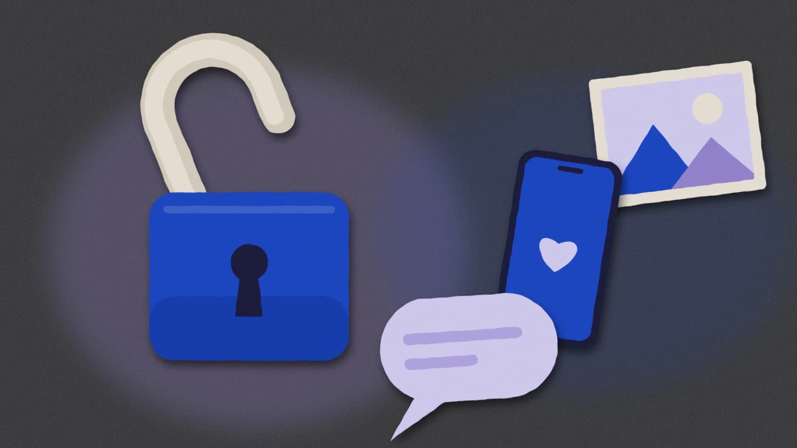 An open cobalt padlock beside a speech bubble, a phone with a heart on screen, and a framed landscape picture.