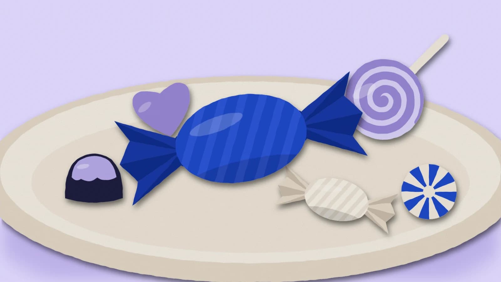 A cream paper dish of sweets, with a large cobalt wrapped candy beside a lollipop, a heart, a truffle and a peppermint.