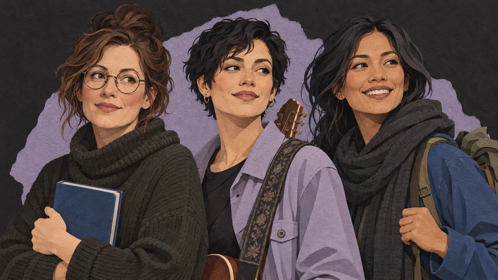 Three distinctive illustrated adult characters—a reader, a musician and a traveller—shown together on a dark background.