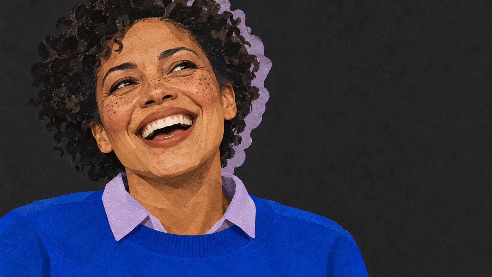 Expressive editorial illustration of a fictional adult woman laughing, emphasizing personality rather than a polished pose.