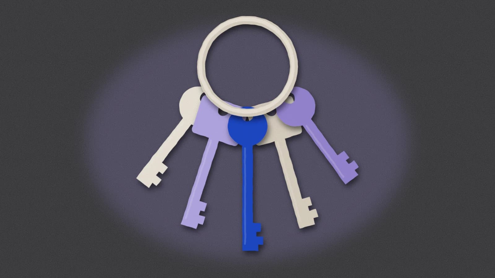 A large key ring holding keys of different shapes and colors, with one cobalt key hanging lowest.