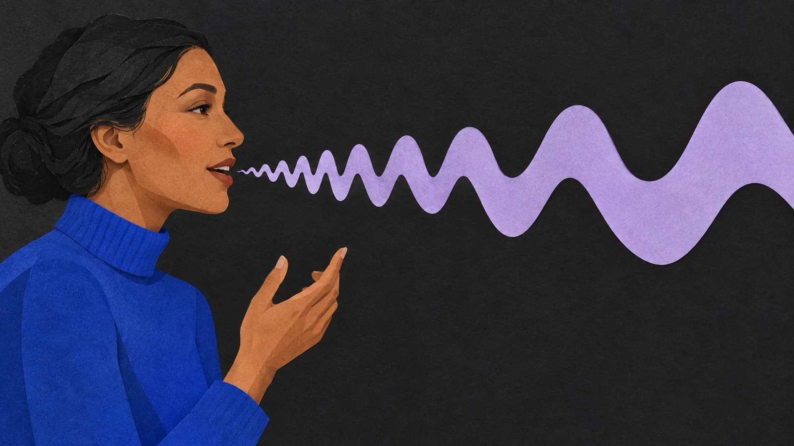 Cut-paper illustration of an adult speaker with flowing sound waves that change rhythm, representing vocal pacing and tone.