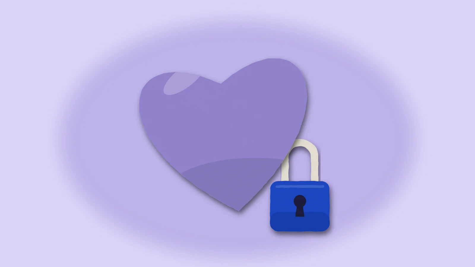 A large lilac paper heart with a small cobalt padlock hanging from it.