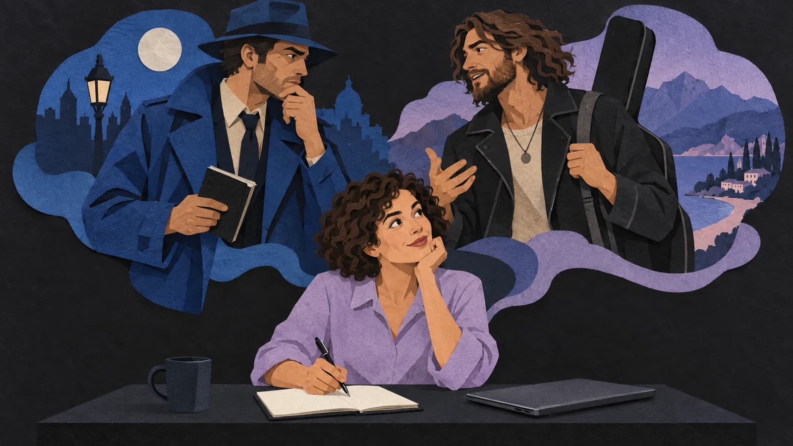 Cut-paper illustration of a writer at a desk imagining two adult characters in a continuing story.