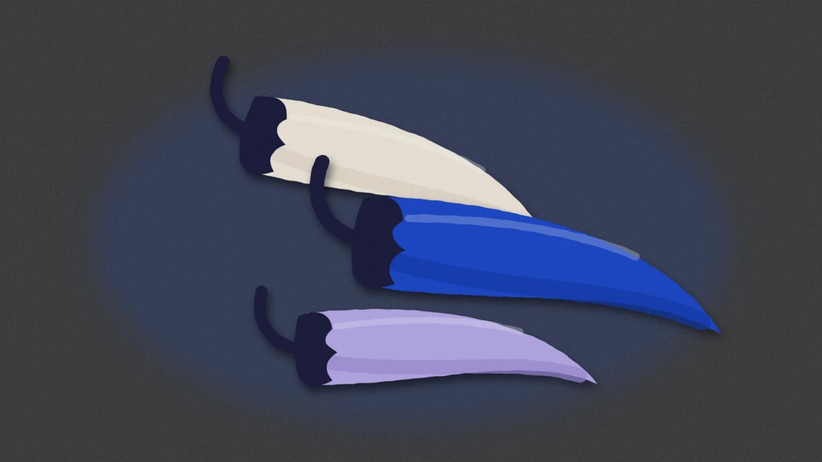 Three paper chili peppers in cobalt, lilac and cream lying on a dark ground.