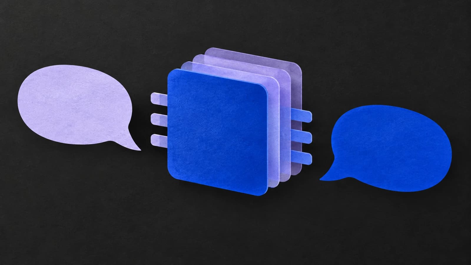 Two conversation shapes flank a cobalt processor made of overlapping lilac and blue layers.