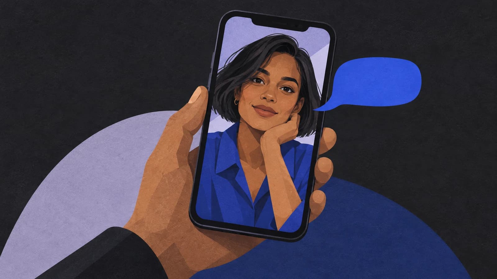 An illustrated hand holds a phone with a fictional companion portrait and a blue conversation shape.