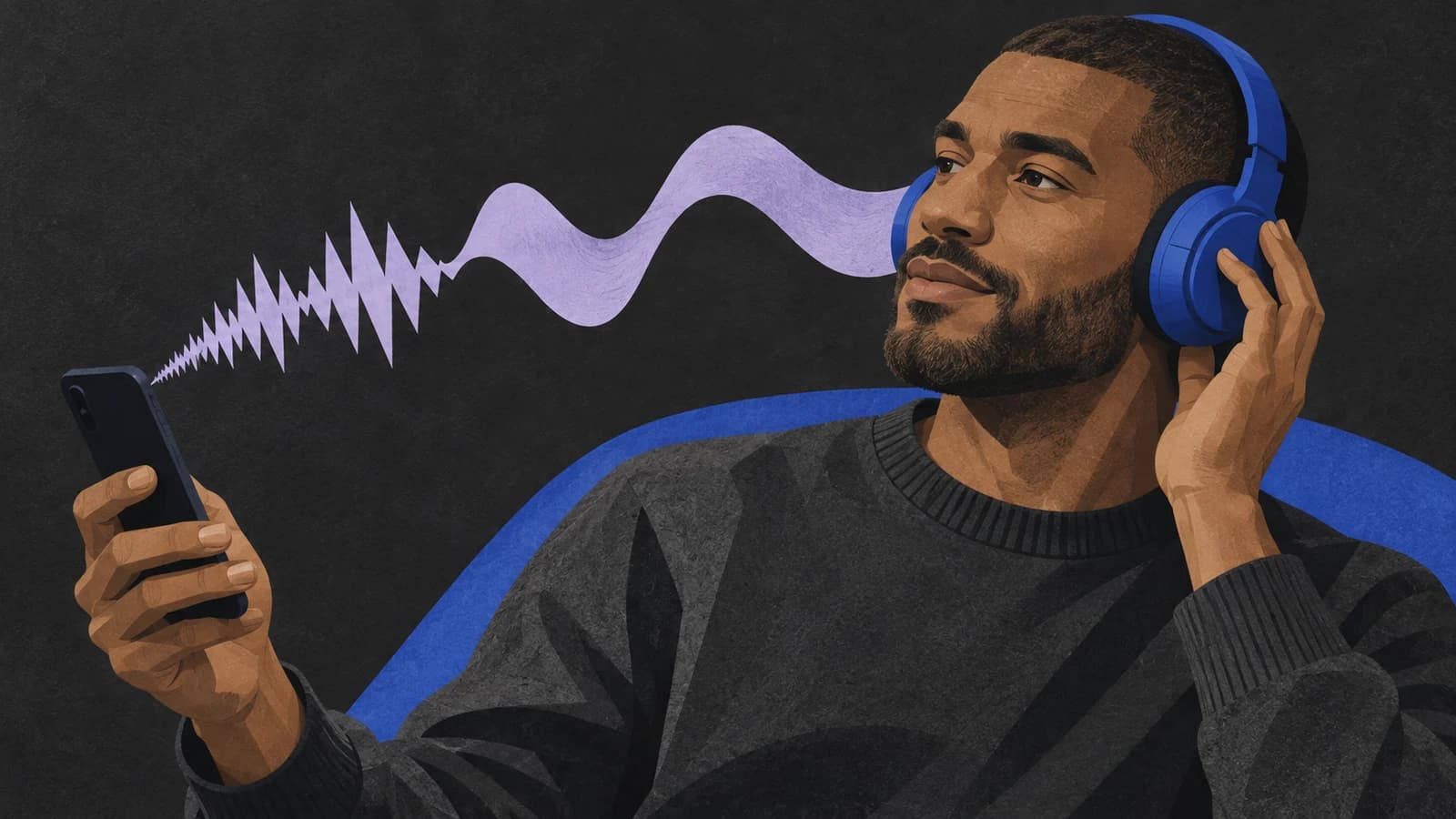Editorial illustration of an adult listening to a voice message, with sound connecting the phone and headphones.