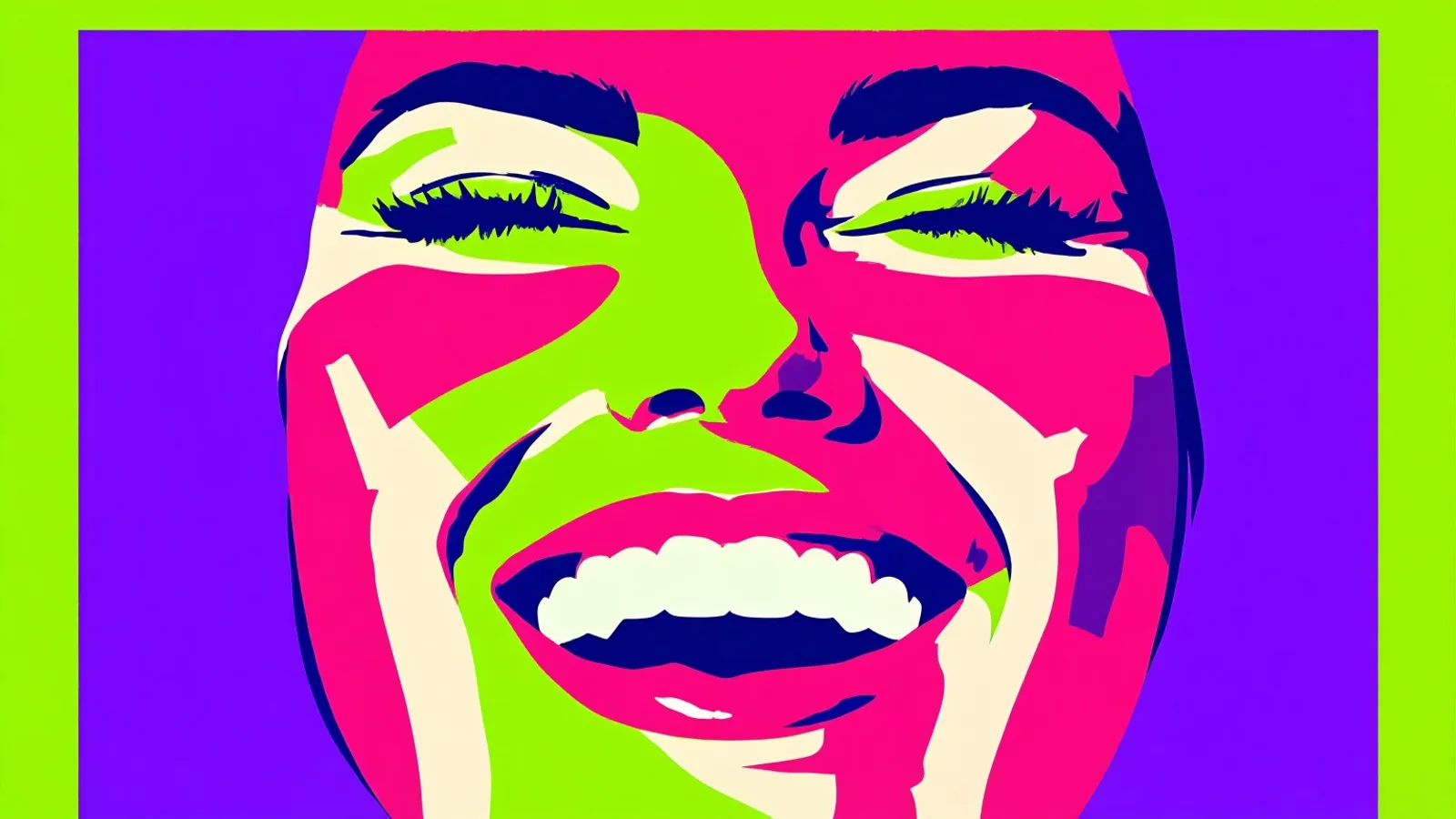 An extreme close-up of a woman laughing with her eyes shut and her head thrown back.
