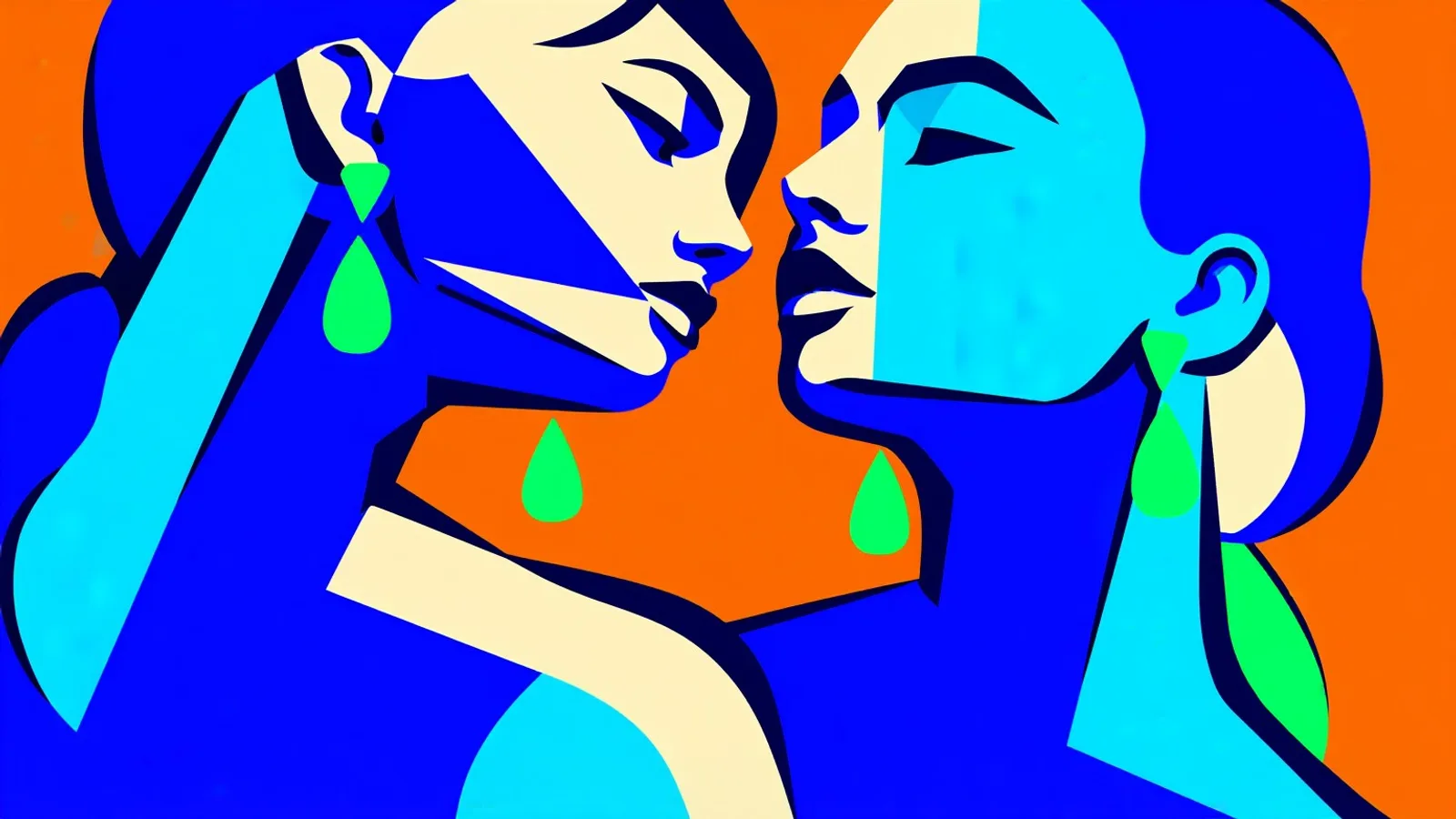 A close cropped drawing of a woman's face repeated twice in the same pose, slightly offset, both wearing the same earring.