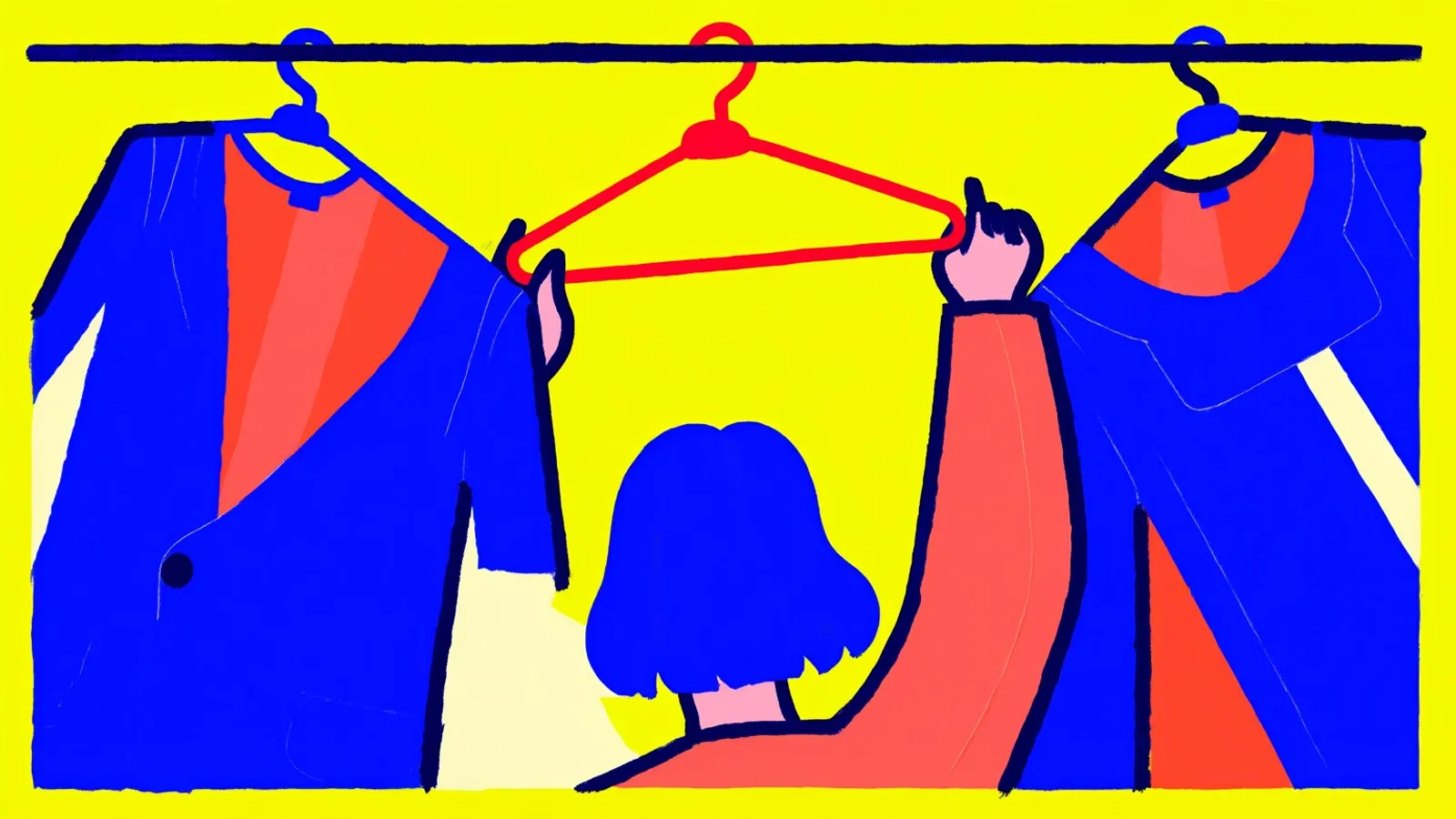 A woman pushes apart a crowded rail of hanging dresses and pulls one hanger forward.