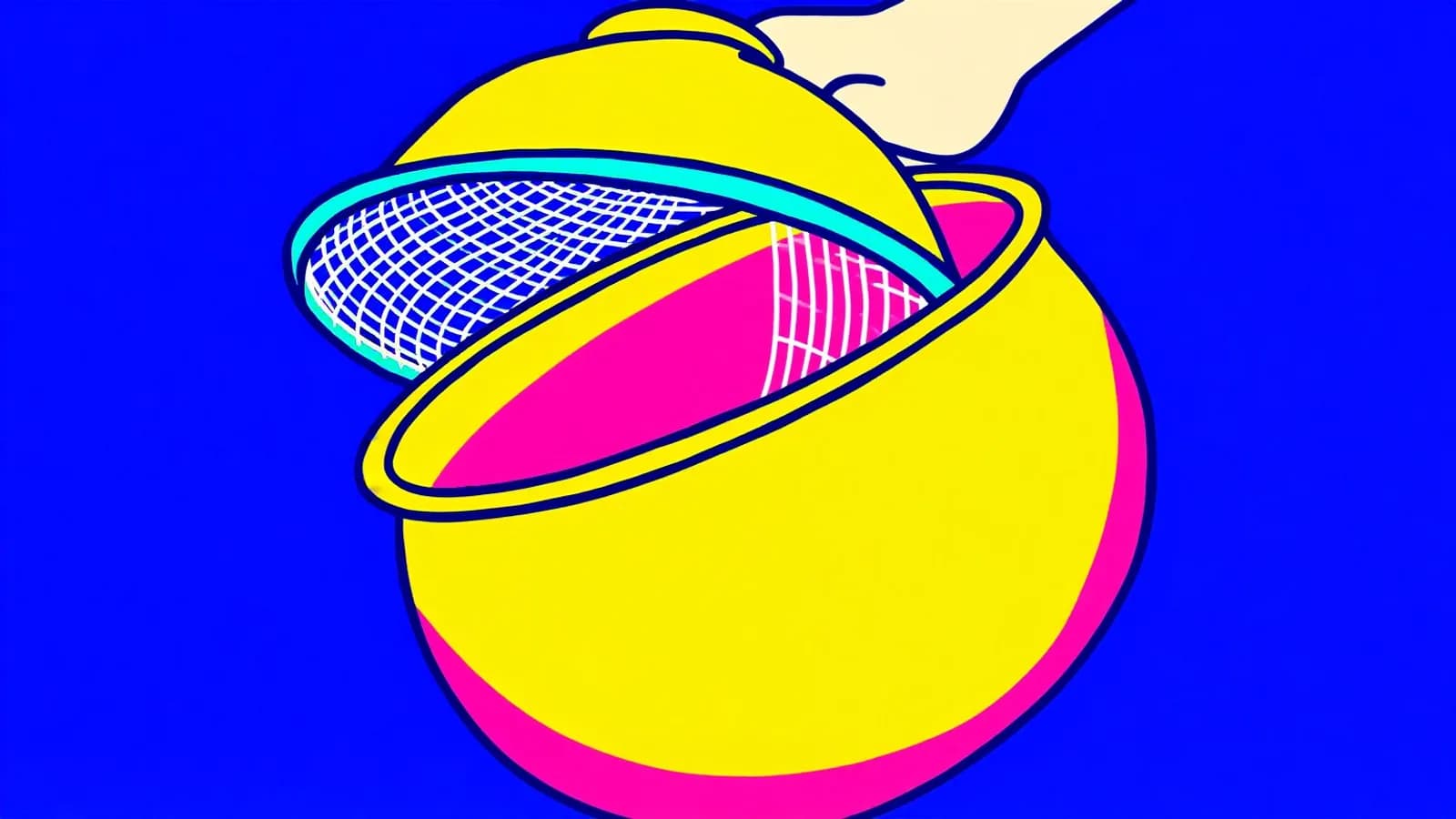 A drawing of a large kitchen sieve held close with its mesh lifted out, leaving an empty ring.