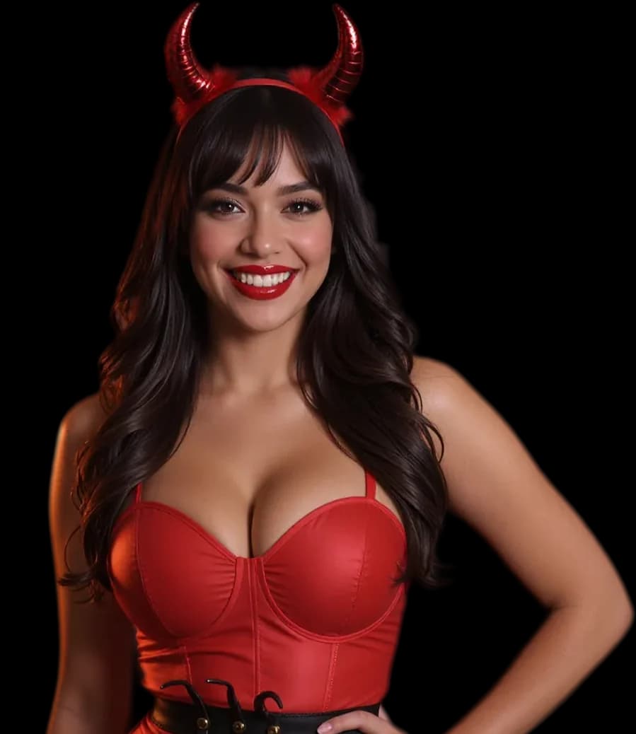 Mia, a fictional AI companion on Jizzy, in a red devil costume