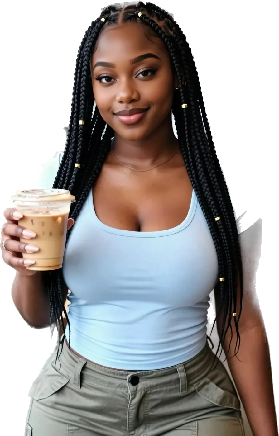 Sloane, a fictional AI companion on Jizzy, holding an iced coffee
